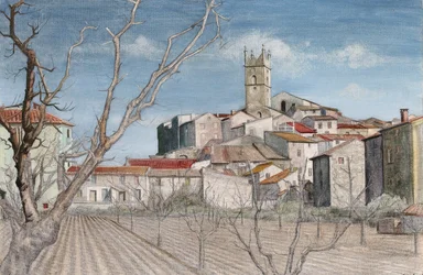 Früher Frühling, Blick durch einen Obstgarten, ca. 1925